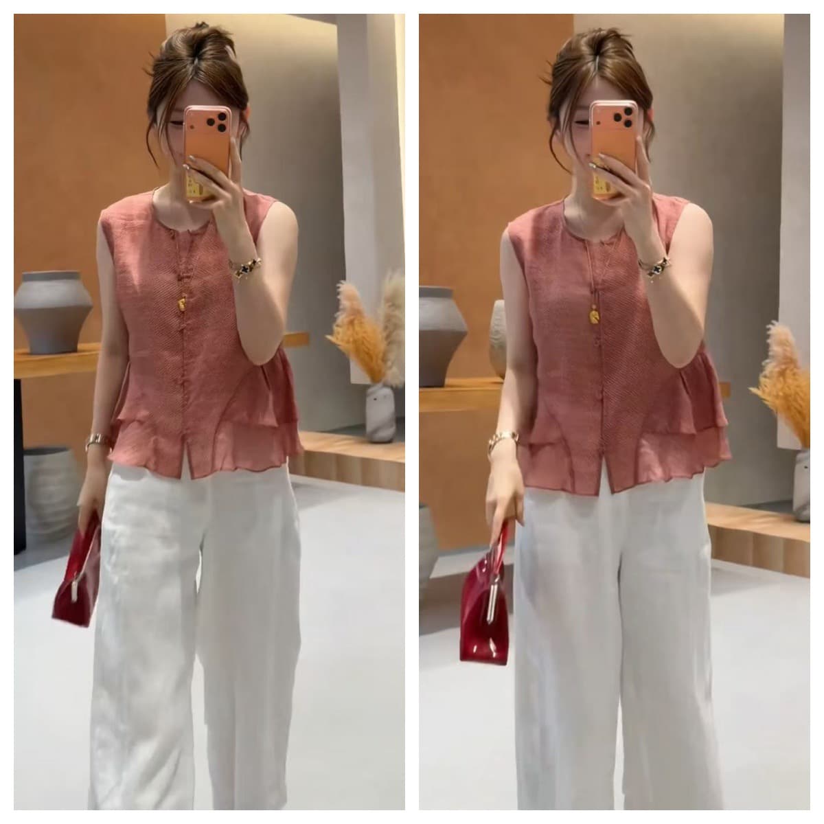 콩 추천 여름 이중층 밑단 연령 감소 꽃무늬 민소매 작은 셔츠 레트로 디자인 센스 맨위 세트 이미지 4