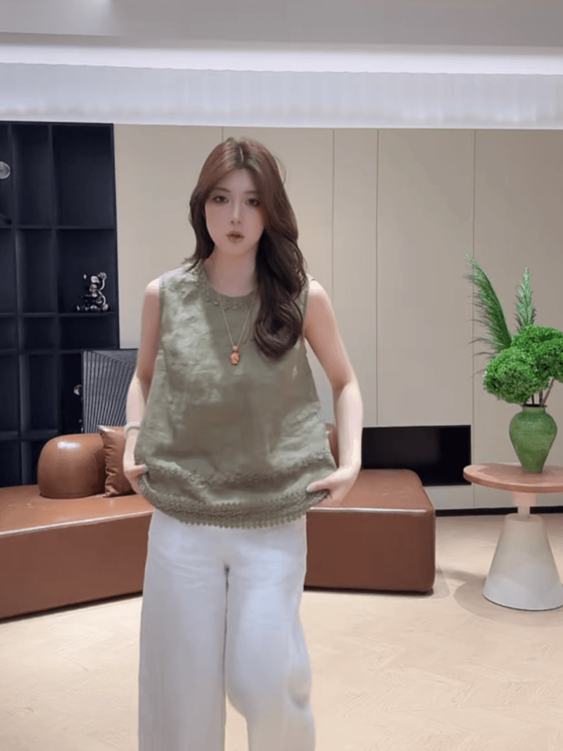 여름 루즈핏 3 차원 자수 민소매 맨위 품격 단색 다용도 작은 셔츠 세트 상세 이미지 29