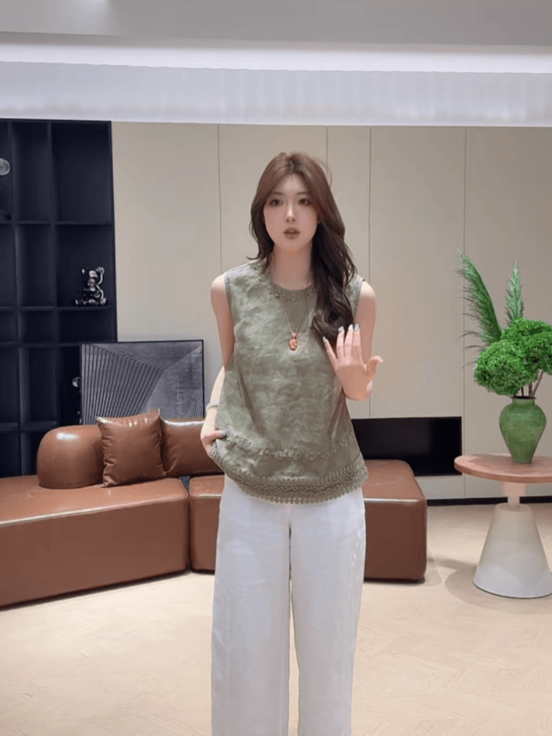 여름 루즈핏 3 차원 자수 민소매 맨위 품격 단색 다용도 작은 셔츠 세트 상세 이미지 32