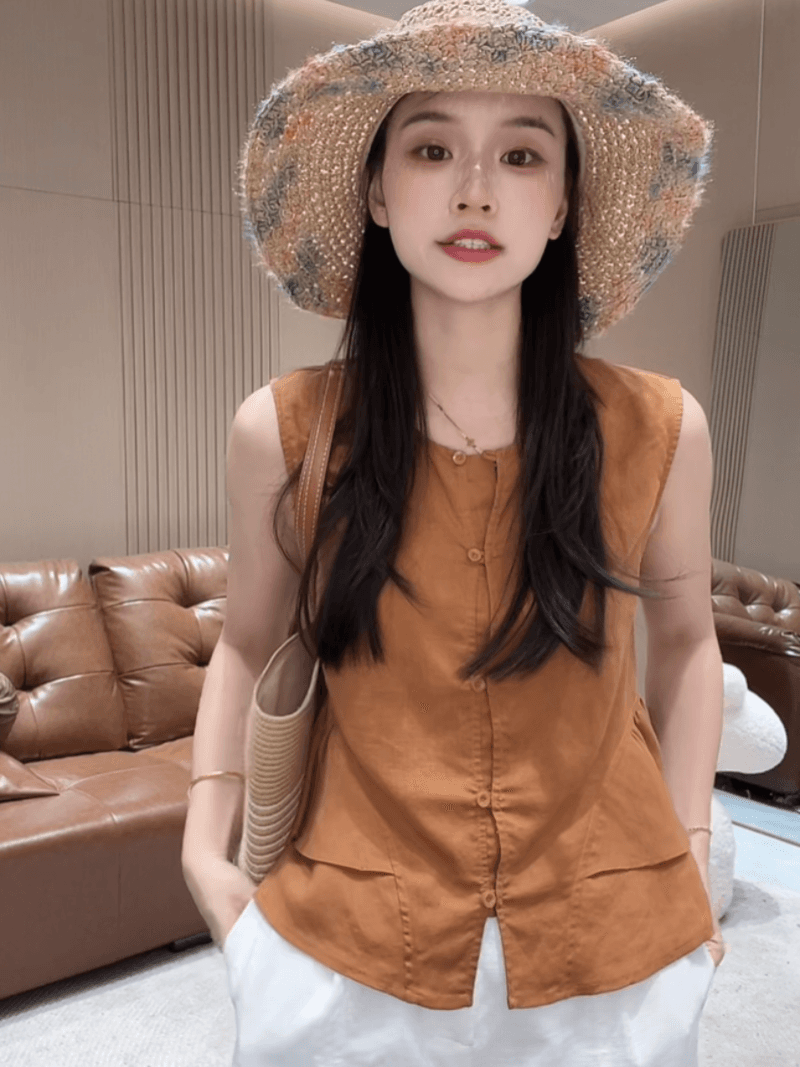 화이트 릴리 여름 한 부서 민소매 익스트림 제인 밑단 레이스 싱글 줄 버튼 작은 셔츠 맨위 세트 상세 이미지 1