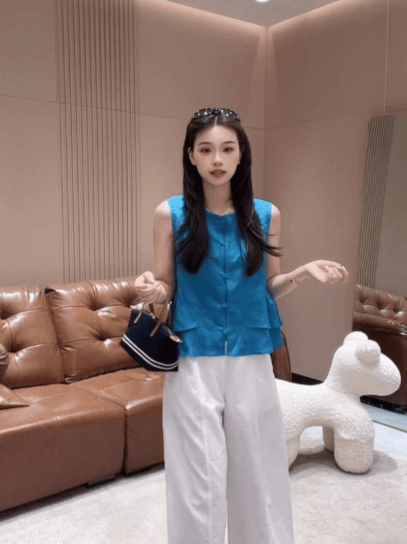 화이트 릴리 여름 한 부서 민소매 익스트림 제인 밑단 레이스 싱글 줄 버튼 작은 셔츠 맨위 세트 상세 이미지 19
