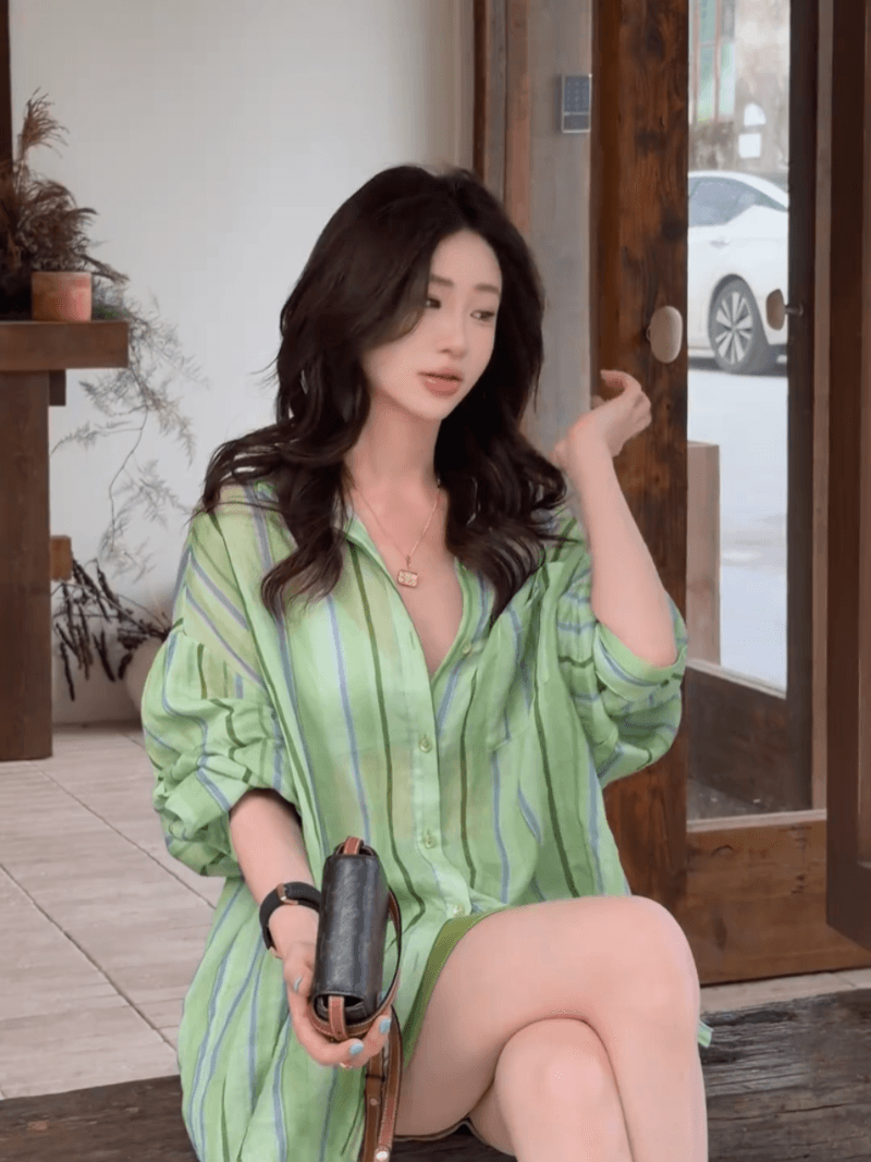 맑은 주간 국가 라미 세로 줄무늬 셔츠 여름 미니멀리즘 얇은 스타일 셔츠 세트 이미지 5