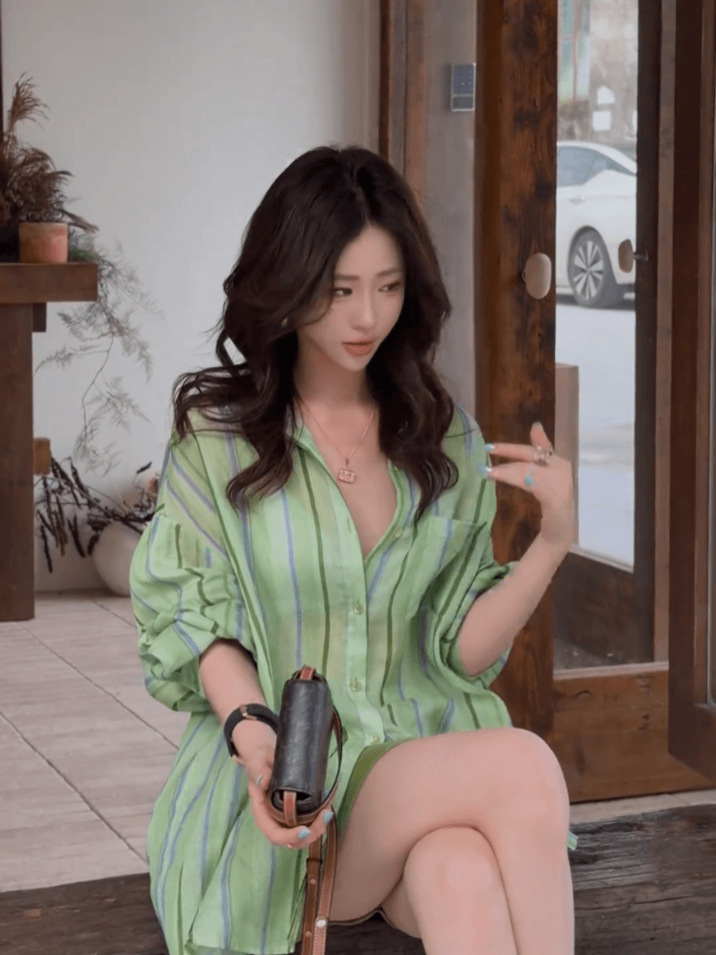 맑은 주간 국가 라미 세로 줄무늬 셔츠 여름 미니멀리즘 얇은 스타일 셔츠 세트 상세 이미지 1