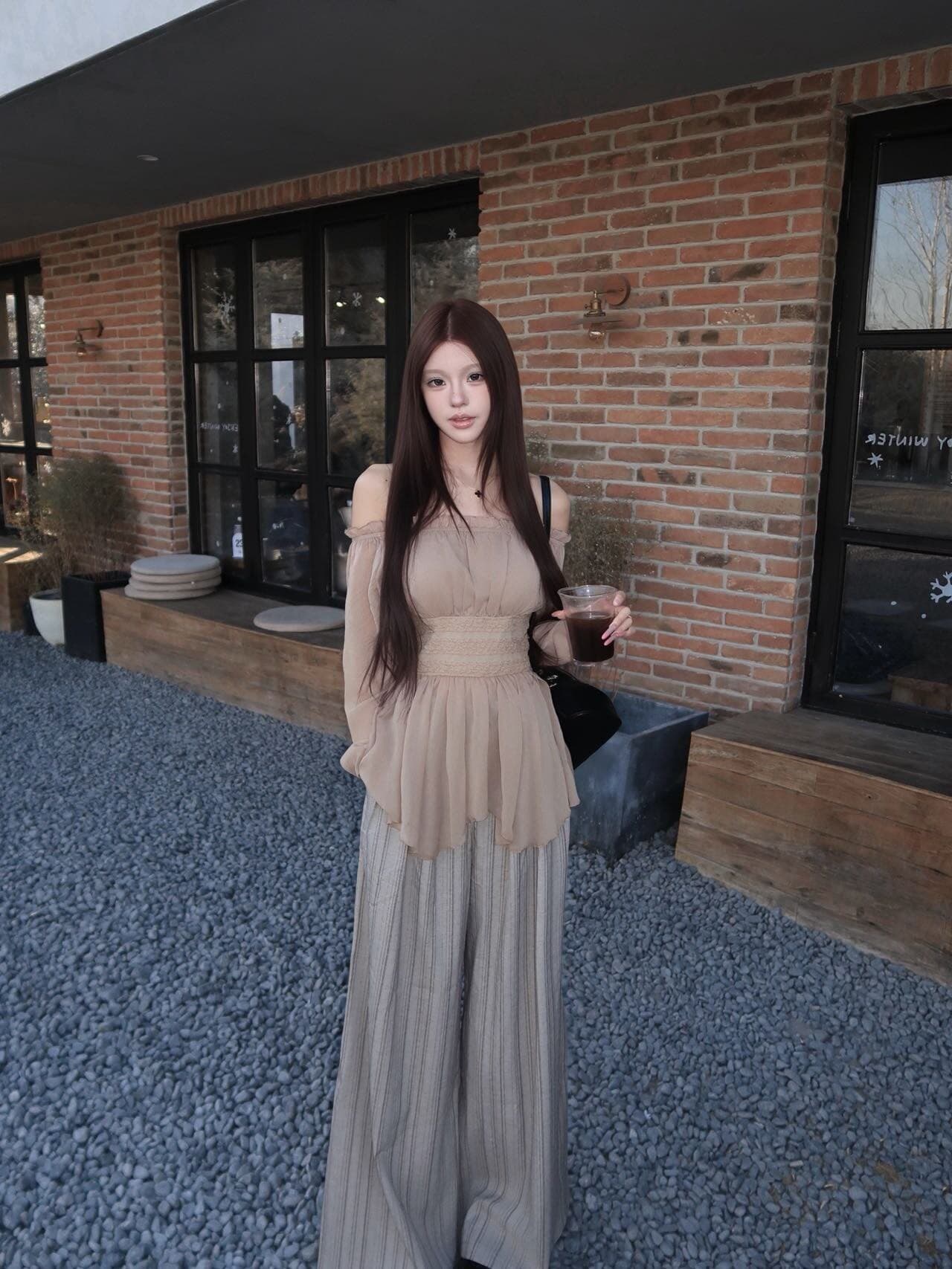 우아함 품격 오프숄더 쉬폰 블라우스 봄 여름 새로운 허리 수축 슬림해 보이는 고급 센스 오프숄더 맨위 상세 이미지 4