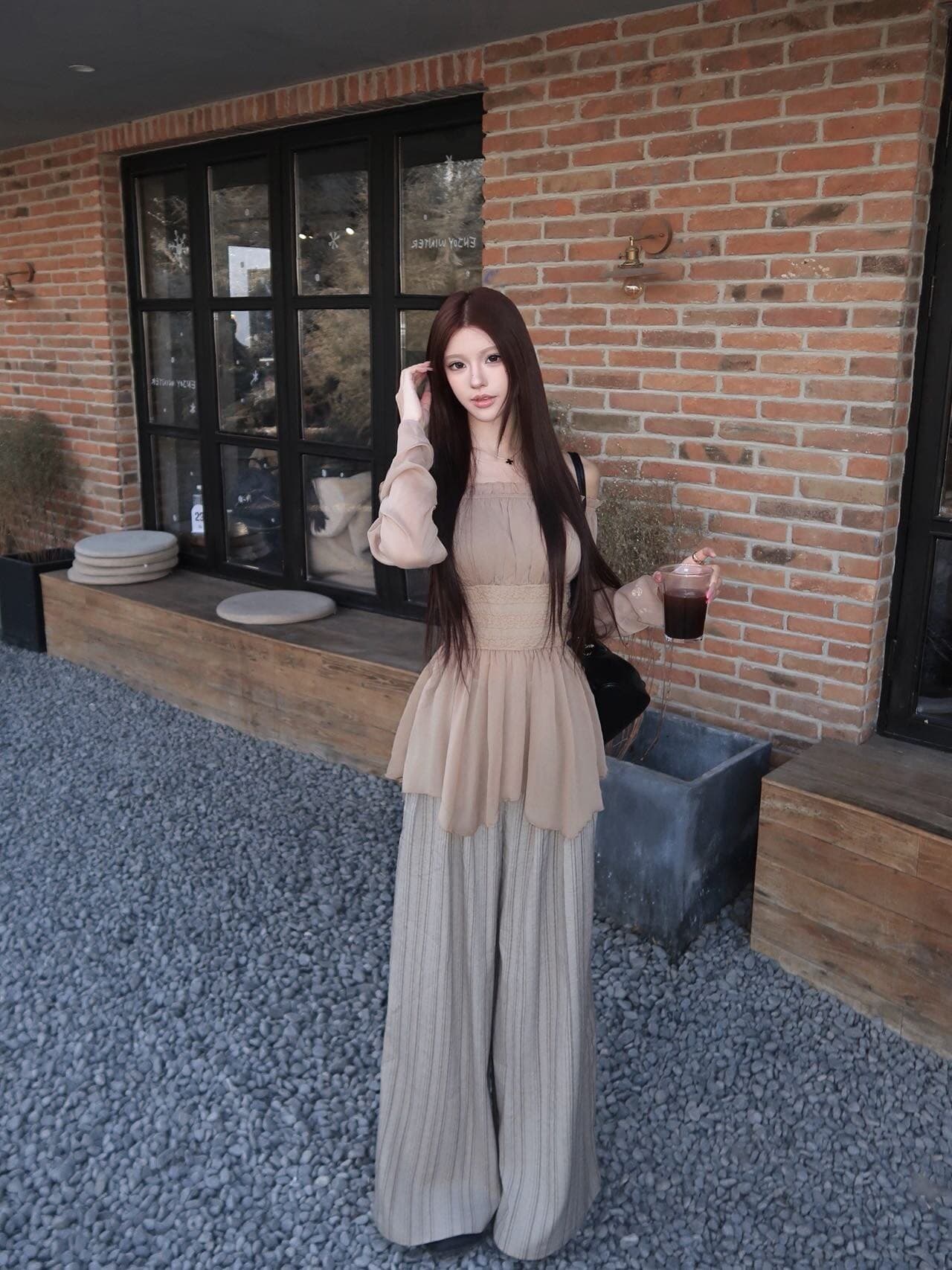 우아함 품격 오프숄더 쉬폰 블라우스 봄 여름 새로운 허리 수축 슬림해 보이는 고급 센스 오프숄더 맨위 상세 이미지 6