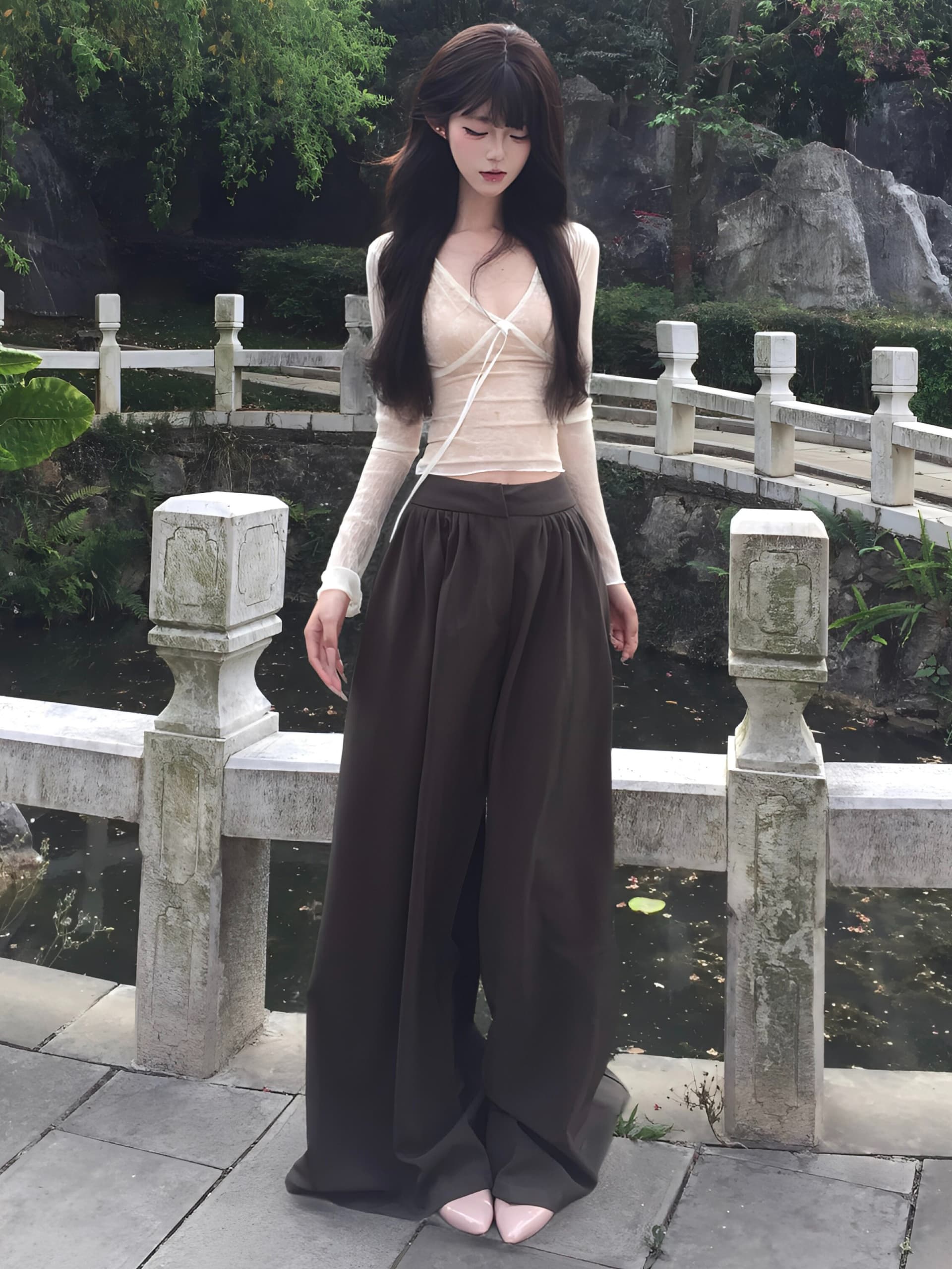awmumu 오래된 돈 바람 캐주얼 긴 바지 여성 봄 새로운 루즈핏 도루 센스 하이웨이스트 디자인 센스 플리츠 와이드 레깅스 바지 이미지 4