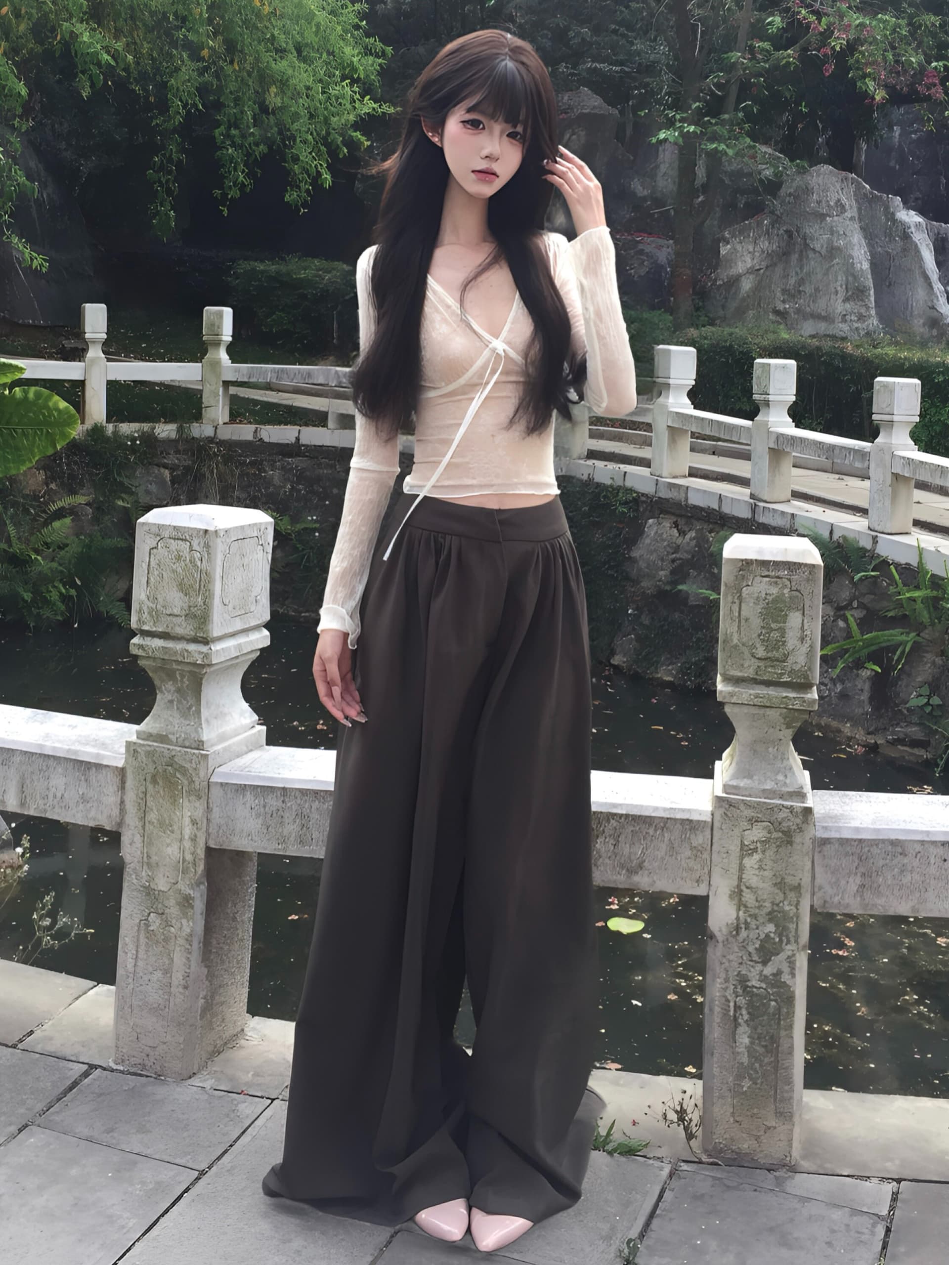 awmumu 오래된 돈 바람 캐주얼 긴 바지 여성 봄 새로운 루즈핏 도루 센스 하이웨이스트 디자인 센스 플리츠 와이드 레깅스 바지 상세 이미지 4