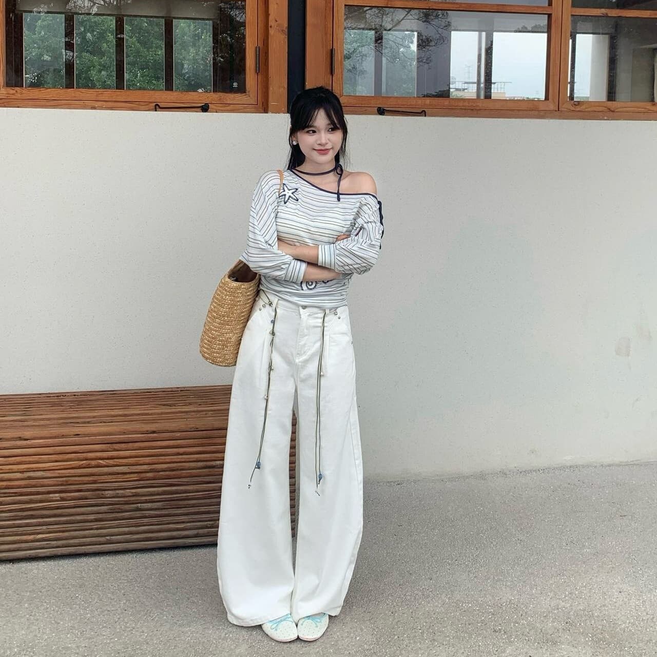 cotre 오프숄더 불가사리 tee 해풍 블루 높음 비율 라이 경기 서울 부드러운 찹쌀 배트윙 소매 스트라이프 티셔츠 이미지 2