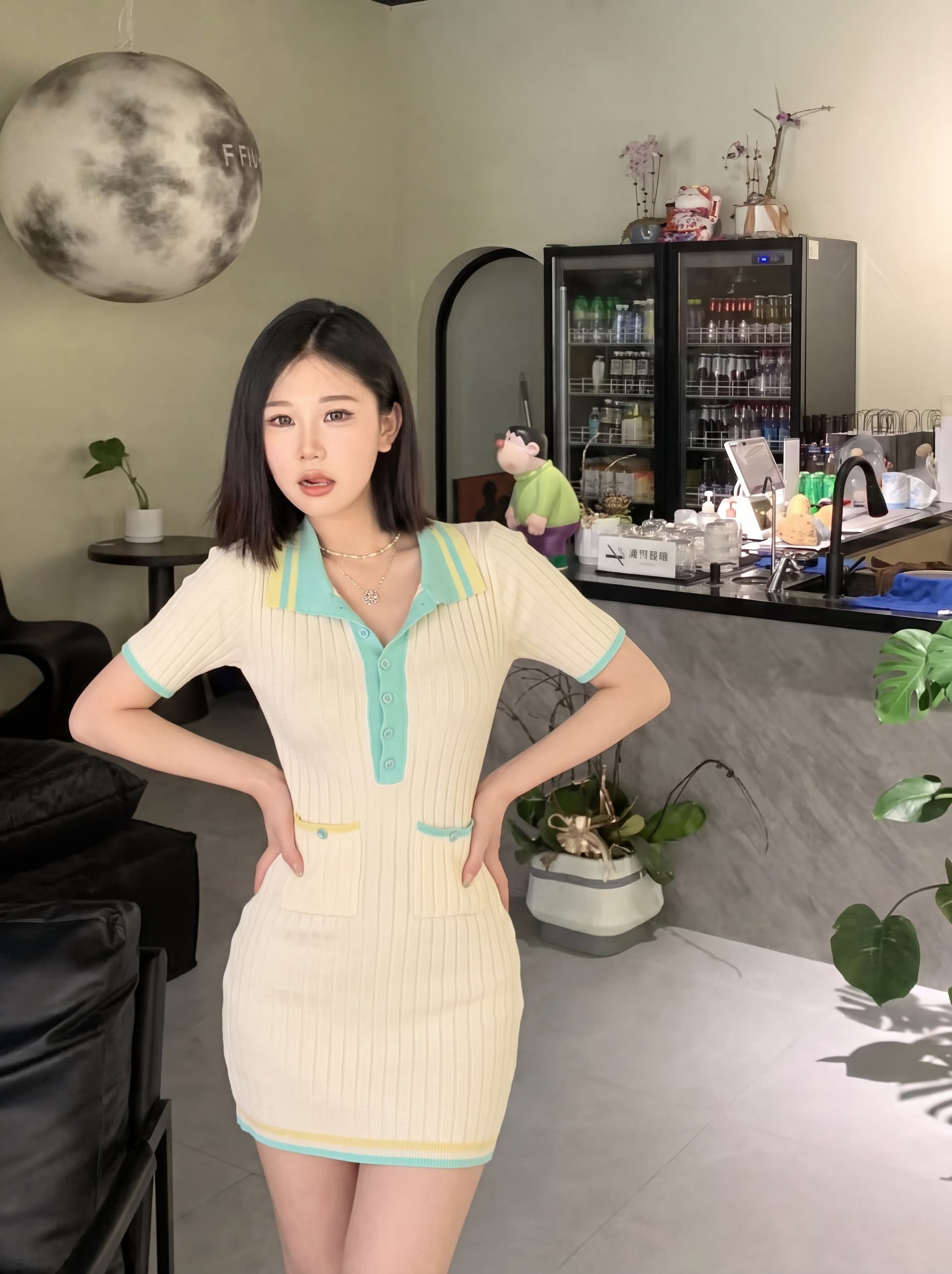 okmashop 페이 인사이드 앤 여름 니트 여성 드레스 여름 배색 폴로 칼라 미니 스커트 허리 수축 타이트 스커트 상세 이미지 3