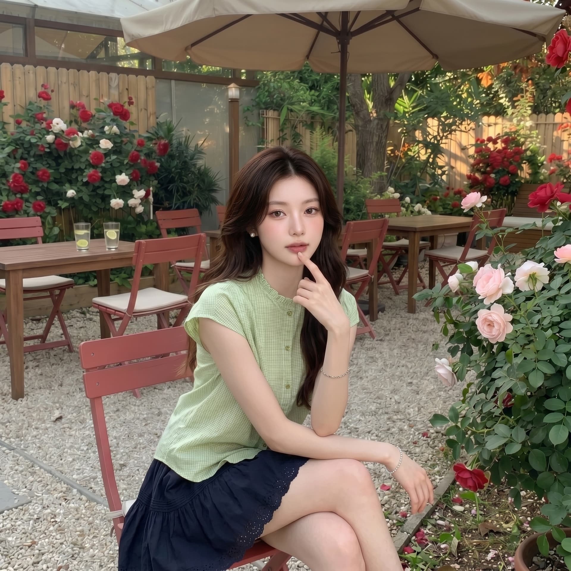 문예 순면 녹색 체크무늬 여성 셔츠 여름 루즈핏 프릴 라운드 넥 셔츠 캐주얼 맨위 이미지 4
