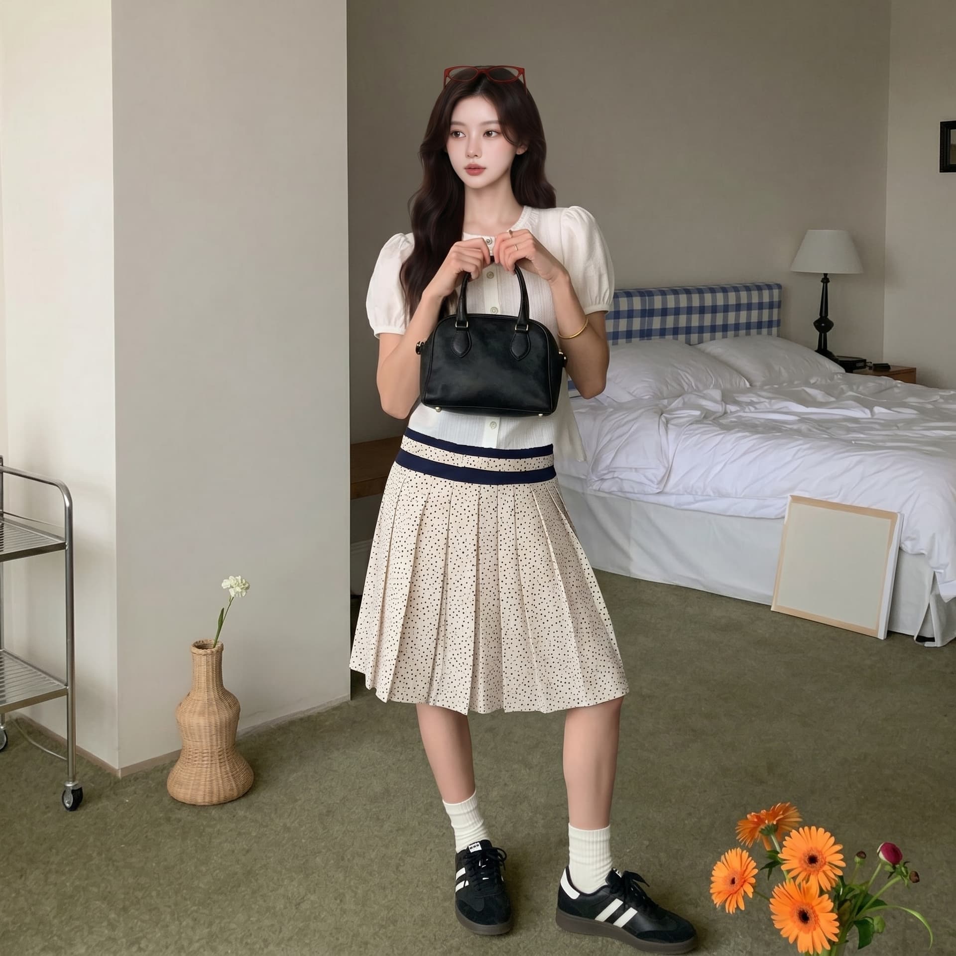 threeh 베이 촨 장면 어린이 중년 블루 도트 무늬 플리츠 반 스커트 반신 스커트 여성 디자인 센스 작은 대중 중간 길이 치마 상세 이미지 2
