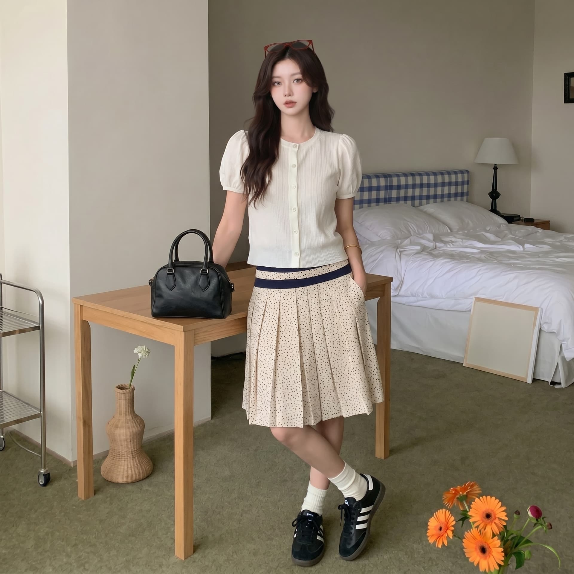 threeh 베이 촨 장면 어린이 중년 블루 도트 무늬 플리츠 반 스커트 반신 스커트 여성 디자인 센스 작은 대중 중간 길이 치마 상세 이미지 4