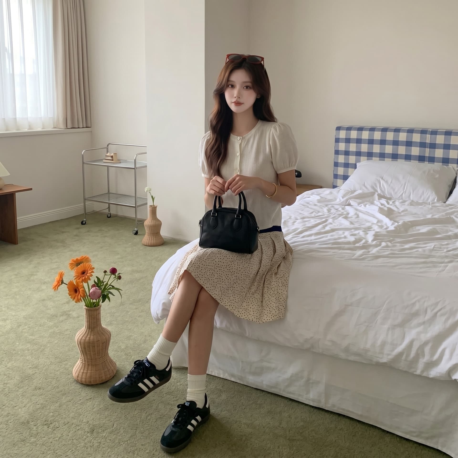 threeh 베이 촨 장면 어린이 중년 블루 도트 무늬 플리츠 반 스커트 반신 스커트 여성 디자인 센스 작은 대중 중간 길이 치마 상세 이미지 5