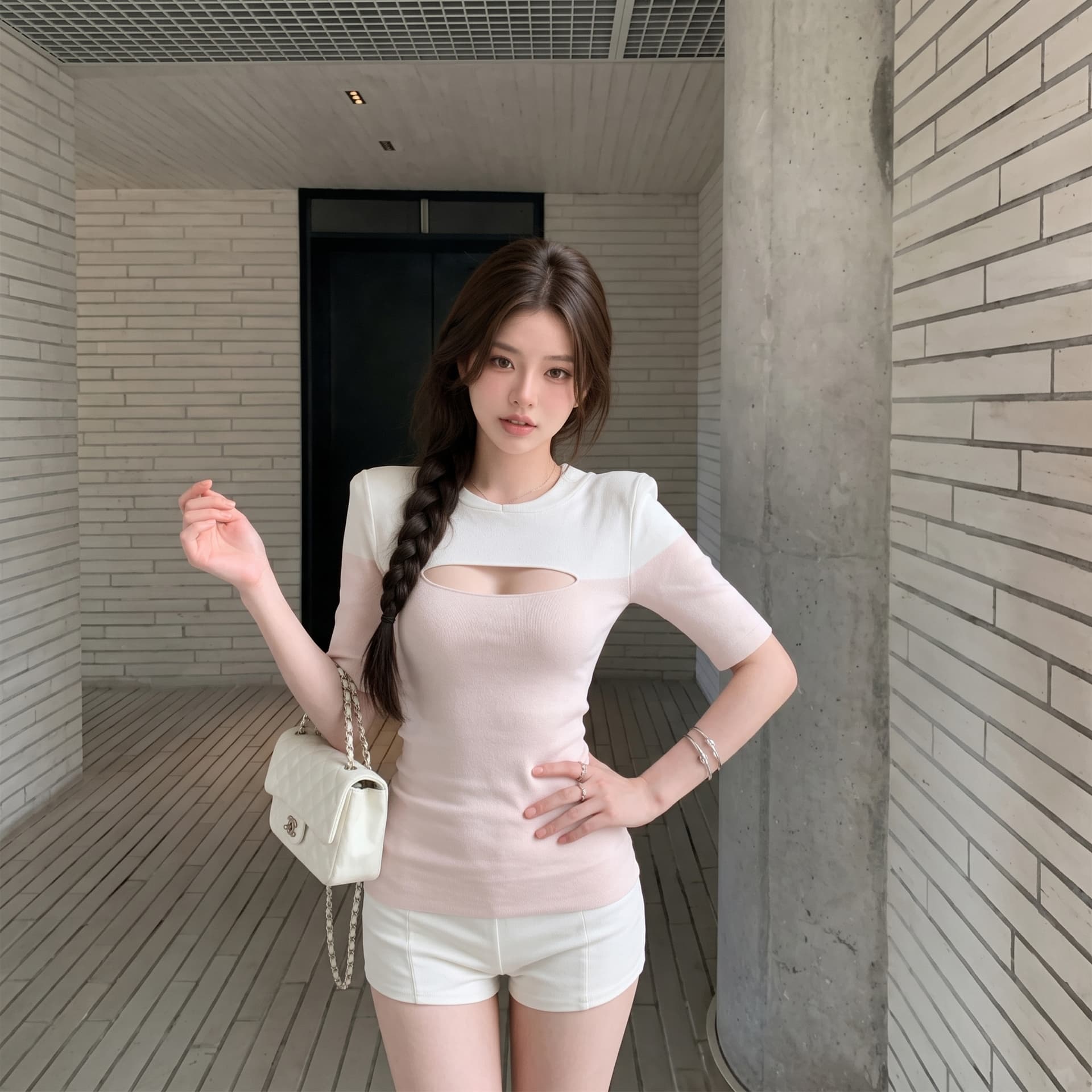 qiauuu 분말 틈 아름다움 욕망 한 여성 분위기 센스 포지셔닝 홀로우 아웃 화이트 싸움 분말 몸매 가꾸기 니트 반팔 맨위 여성 상세 이미지 6
