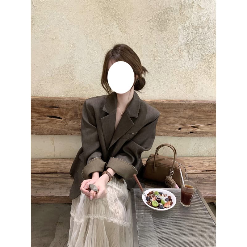 2026 새로운 레트로 배색 거친 가장자리 블레이저 망사 반신 스커트 봄 착용 가져 가라. 세트 여성 상세 이미지 1