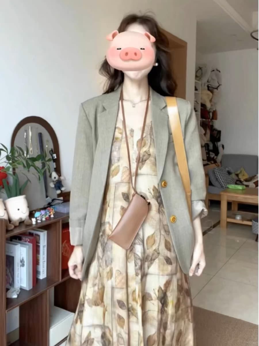 봄 가을 전체 집합 착용 가져 가라. 레트로 프린트 슬립 드레스 정장 재킷 고급 센스 슈퍼 잘 생긴 투피스 슈트 상세 이미지 4