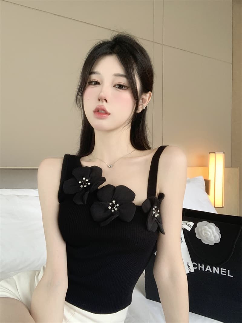 섹시함 작은 심장 기계 슬림해 보이는 캐미솔 패션 불규칙 기본 셔츠 레트로 3 차원 꽃 오프숄더 맨위 상세 이미지 10