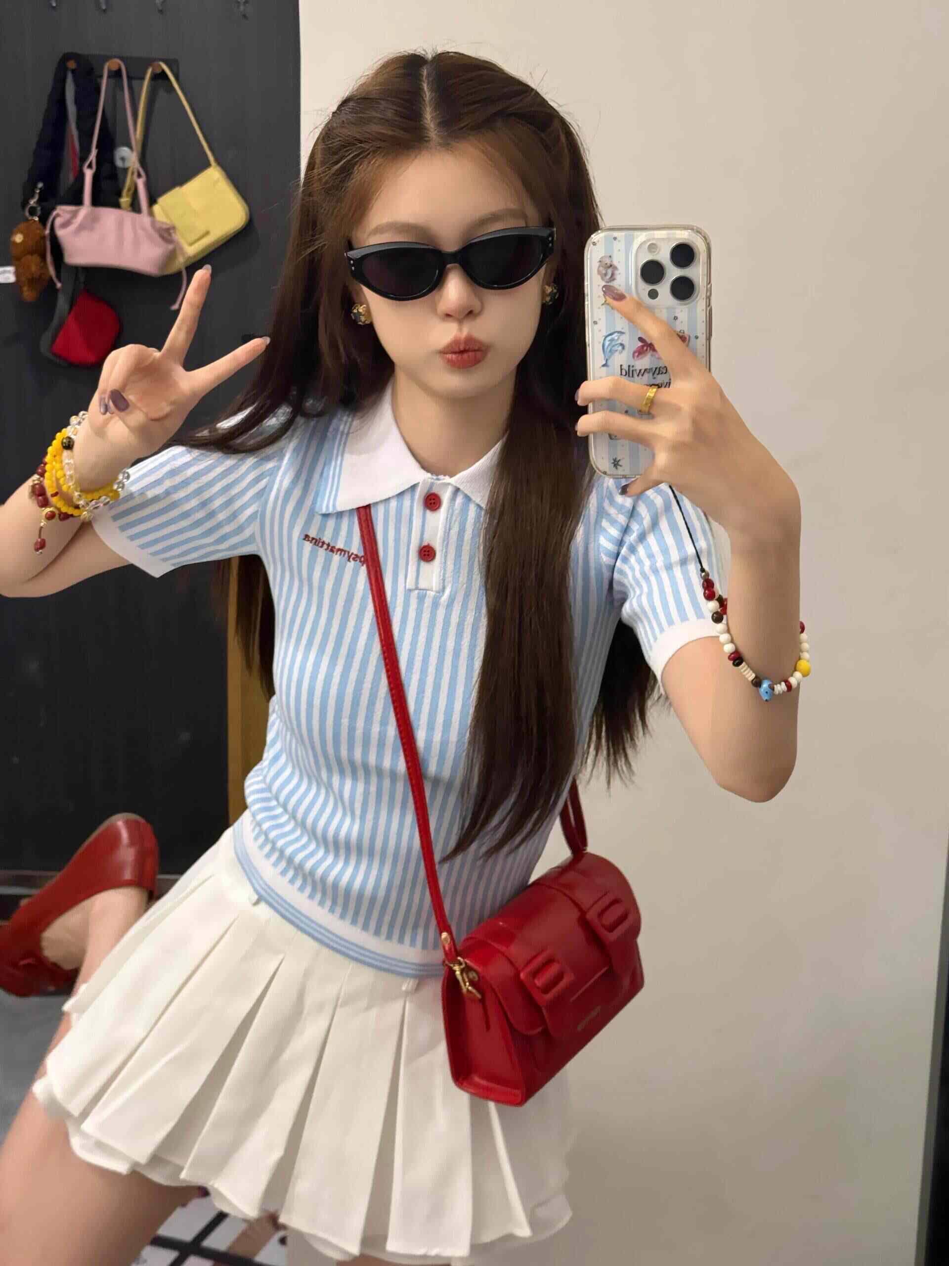 miu 부서 착용 가져 가라. POLO 칼라 스트라이프 긍정적 인 어깨 반팔 니트 스웨터 티셔츠 여성 2026 여름 새로운 디자인 센스 맨위 이미지 4
