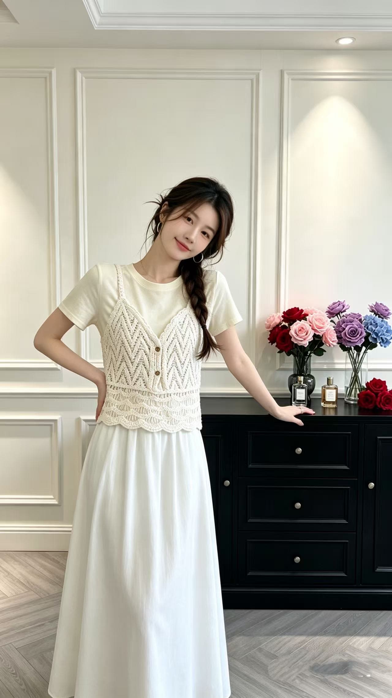 다용도 작은 대중 디자인 섹션 레트로 자수 홀로우 아웃 슬립 외부 가져 가라. 루즈핏 조끼 외국 가스 상세 이미지 4