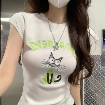 2026 레트로 연령 감소 새끼 고양이 프린트 긍정적 인 어깨 니트 풀오버 반팔
