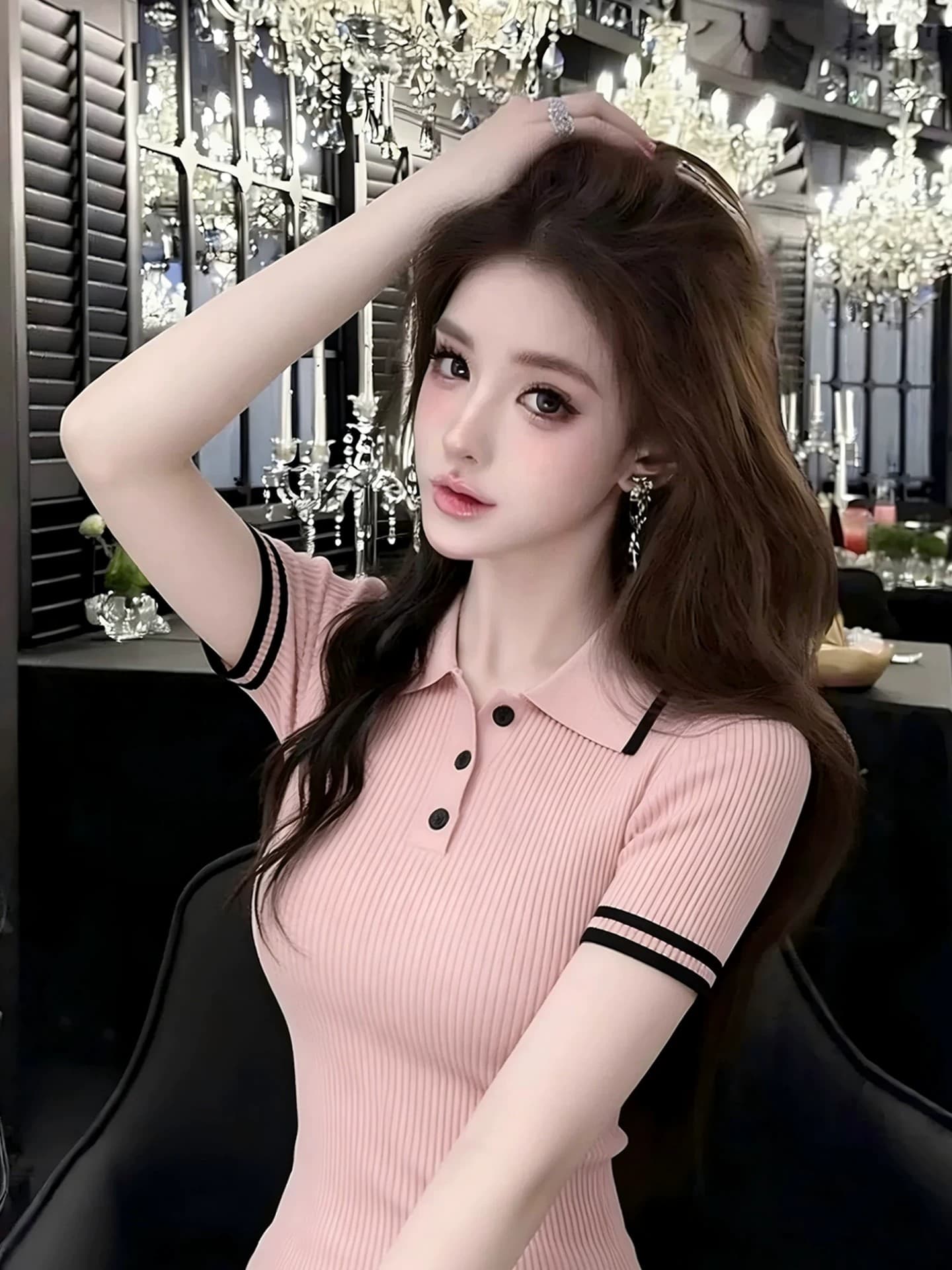 lym studio 달콤한 스타일 POLO 칼라 배색 스트라이프 니트 반팔 티셔츠 몸매 가꾸기 작은 키 몸매 가꾸기 맨위 상세 이미지 1