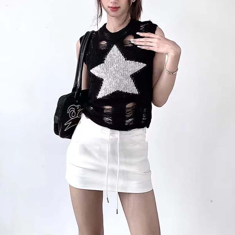 여름 레트로 조끼 핫걸 홀로우 아웃 작은 대중 디자인 민소매 티셔츠 몸매 가꾸기 슬림해 보이는 달콤한 매운맛 맨위 모방 면 상세 이미지 3