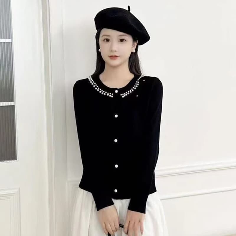 가을 겨울철 새로운 한국 스타일 패션 달콤함 못 진주 3 차원 꽃 긴팔 니트 스웨터 오픈 가디건 맨위 여성 이미지 3