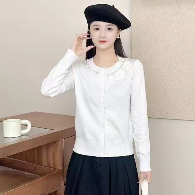 가을 겨울철 새로운 한국 스타일 패션 달콤함 못 진주 3 차원 꽃 긴팔 니트 스웨터 오픈 가디건 맨위 여성 상세 이미지 2