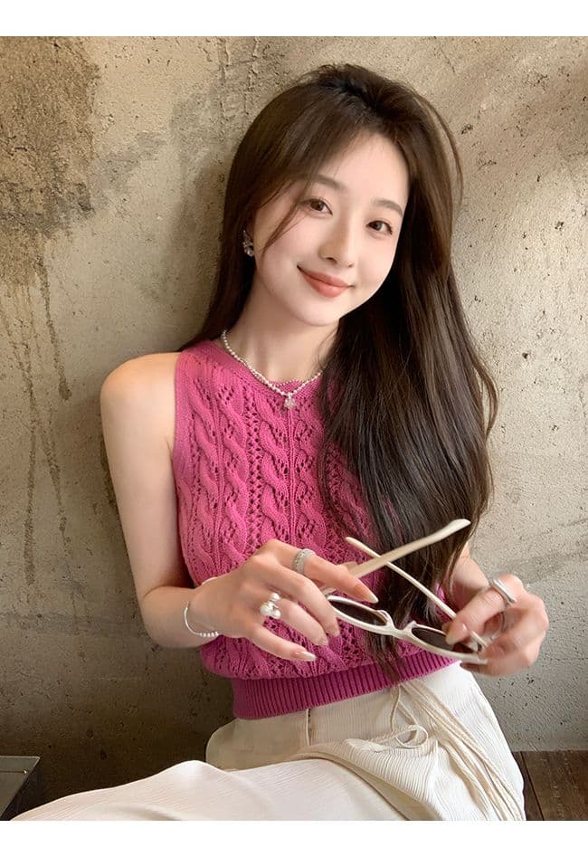 녹색 레몬 버블 면 100% 니트 작은 셔츠 캐미솔 여름 다용도 느긋한 라운드 넥 민소매 맨위 상세 이미지 2