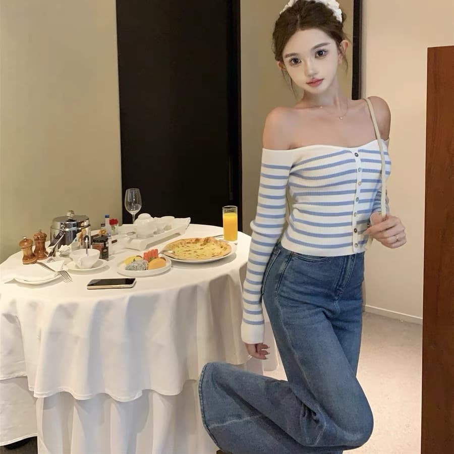 스트라이프 보트넥 니트 스웨터 여성 가을 의상 순수한 욕망 바람 핫걸 섹시함 오프숄더 몸매 가꾸기 맨위 상세 이미지 7
