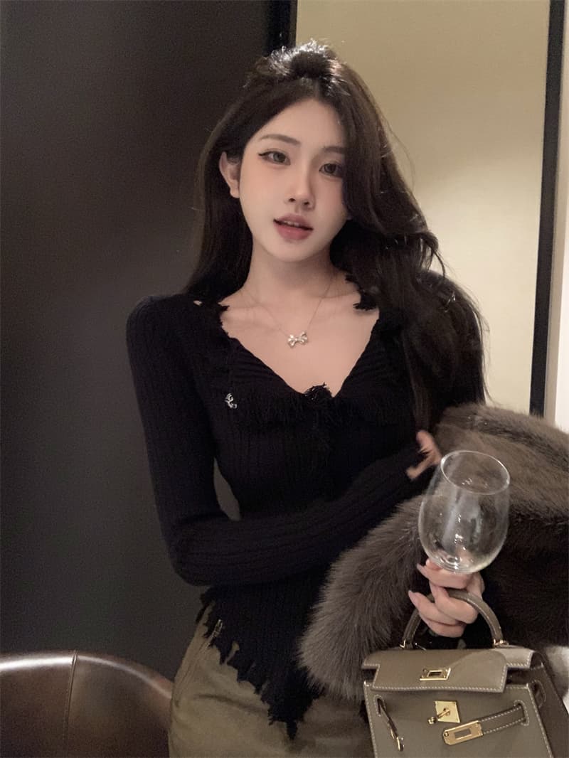 순수한 욕망 바람 디자인 센스 거친 가장자리 V넥 스웨터 몸매 가꾸기 슬림해 보이는 작은 대중 Chic 오픈 가디건 맨위 이미지 4