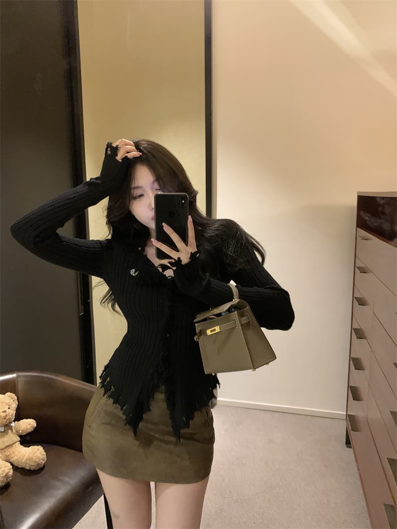 순수한 욕망 바람 디자인 센스 거친 가장자리 V넥 스웨터 몸매 가꾸기 슬림해 보이는 작은 대중 Chic 오픈 가디건 맨위 상세 이미지 8