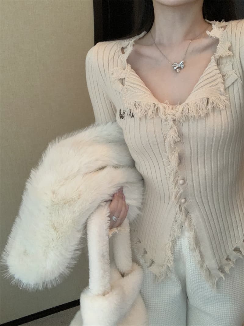 순수한 욕망 바람 디자인 센스 거친 가장자리 V넥 스웨터 몸매 가꾸기 슬림해 보이는 작은 대중 Chic 오픈 가디건 맨위 상세 이미지 11