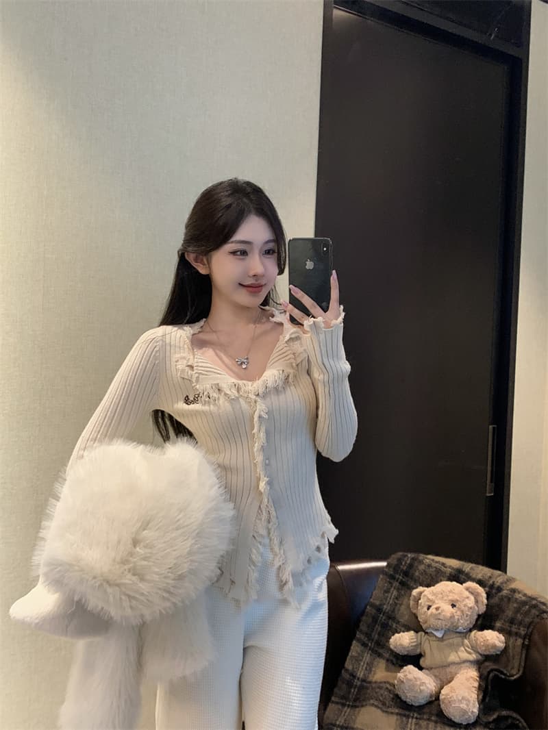 순수한 욕망 바람 디자인 센스 거친 가장자리 V넥 스웨터 몸매 가꾸기 슬림해 보이는 작은 대중 Chic 오픈 가디건 맨위 상세 이미지 12