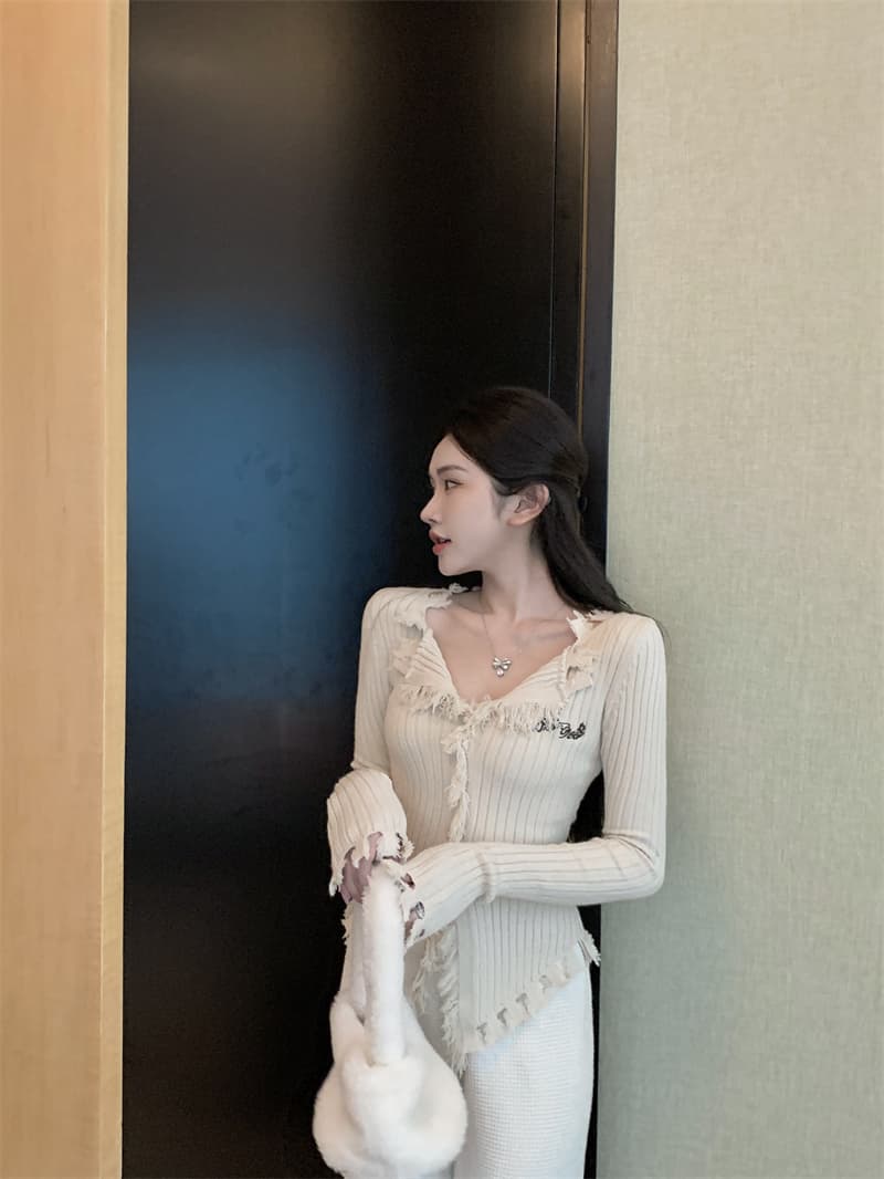 순수한 욕망 바람 디자인 센스 거친 가장자리 V넥 스웨터 몸매 가꾸기 슬림해 보이는 작은 대중 Chic 오픈 가디건 맨위 상세 이미지 13