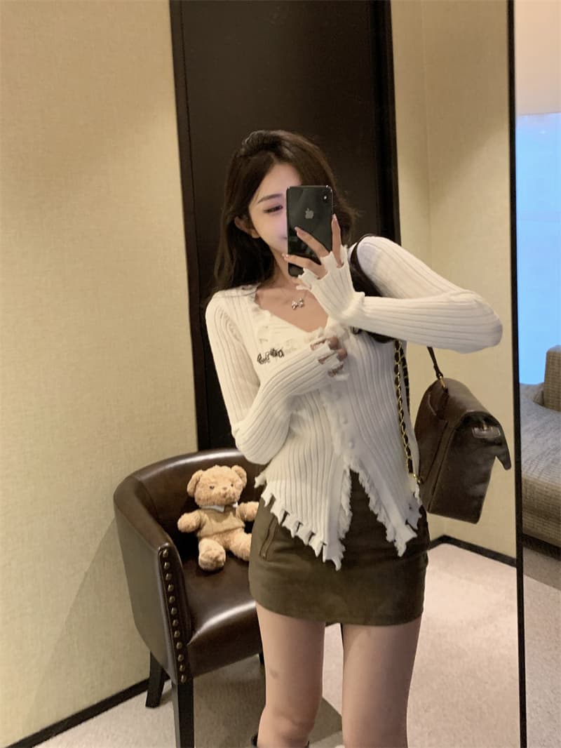 순수한 욕망 바람 디자인 센스 거친 가장자리 V넥 스웨터 몸매 가꾸기 슬림해 보이는 작은 대중 Chic 오픈 가디건 맨위 상세 이미지 19