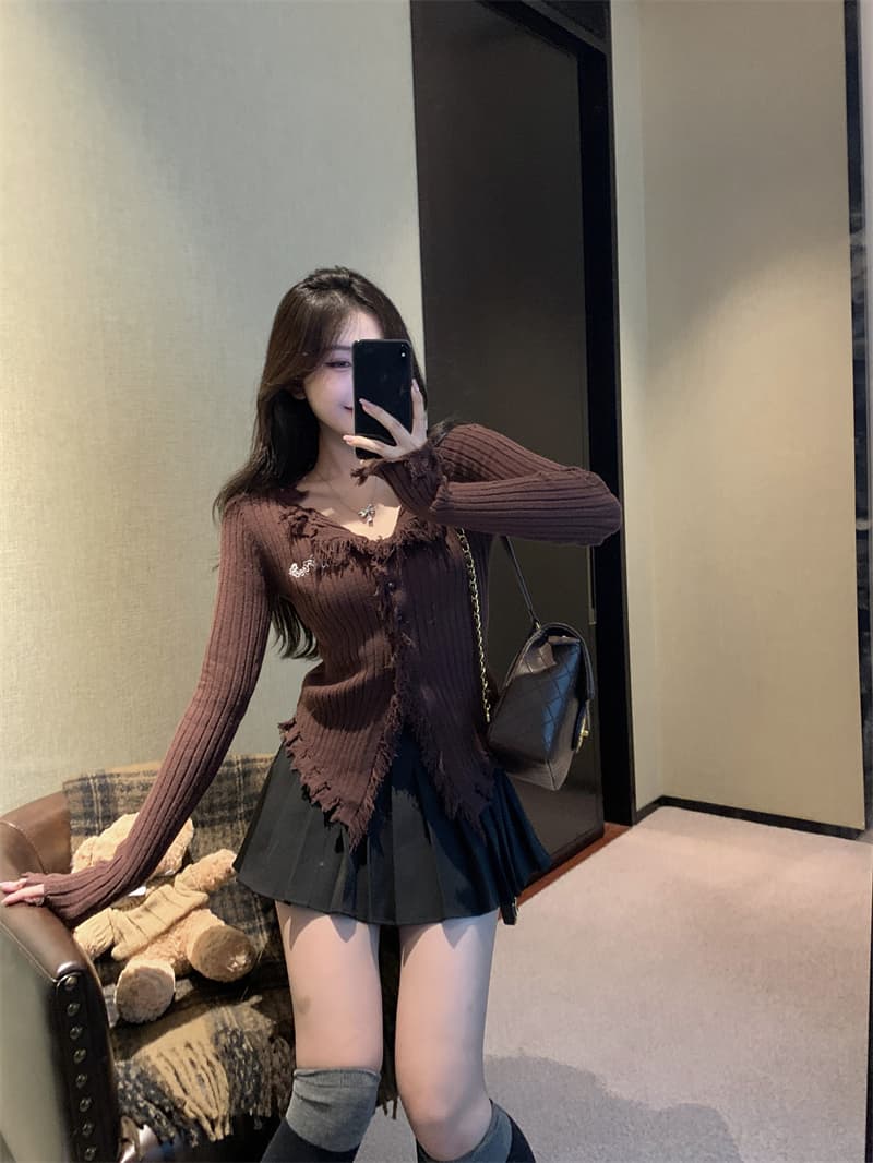 순수한 욕망 바람 디자인 센스 거친 가장자리 V넥 스웨터 몸매 가꾸기 슬림해 보이는 작은 대중 Chic 오픈 가디건 맨위 상세 이미지 22