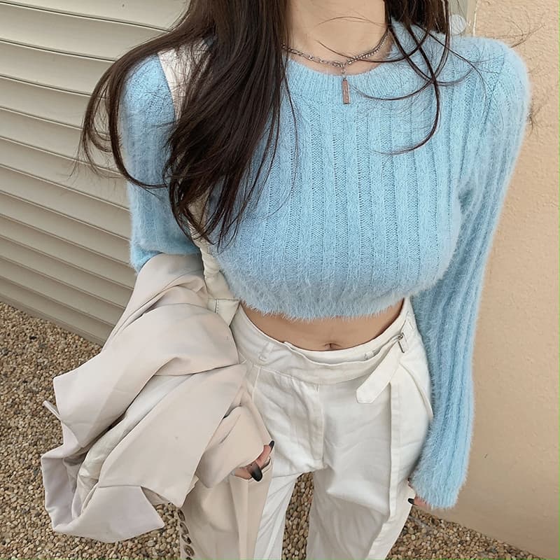 하이웨이스트 스웨터 여성 짧은 섹시함 디자인 센스 작은 대중 개인 섹시함 핫걸 이슬 뼈의 만나는 니트 맨위 봄 가을 상세 이미지 5