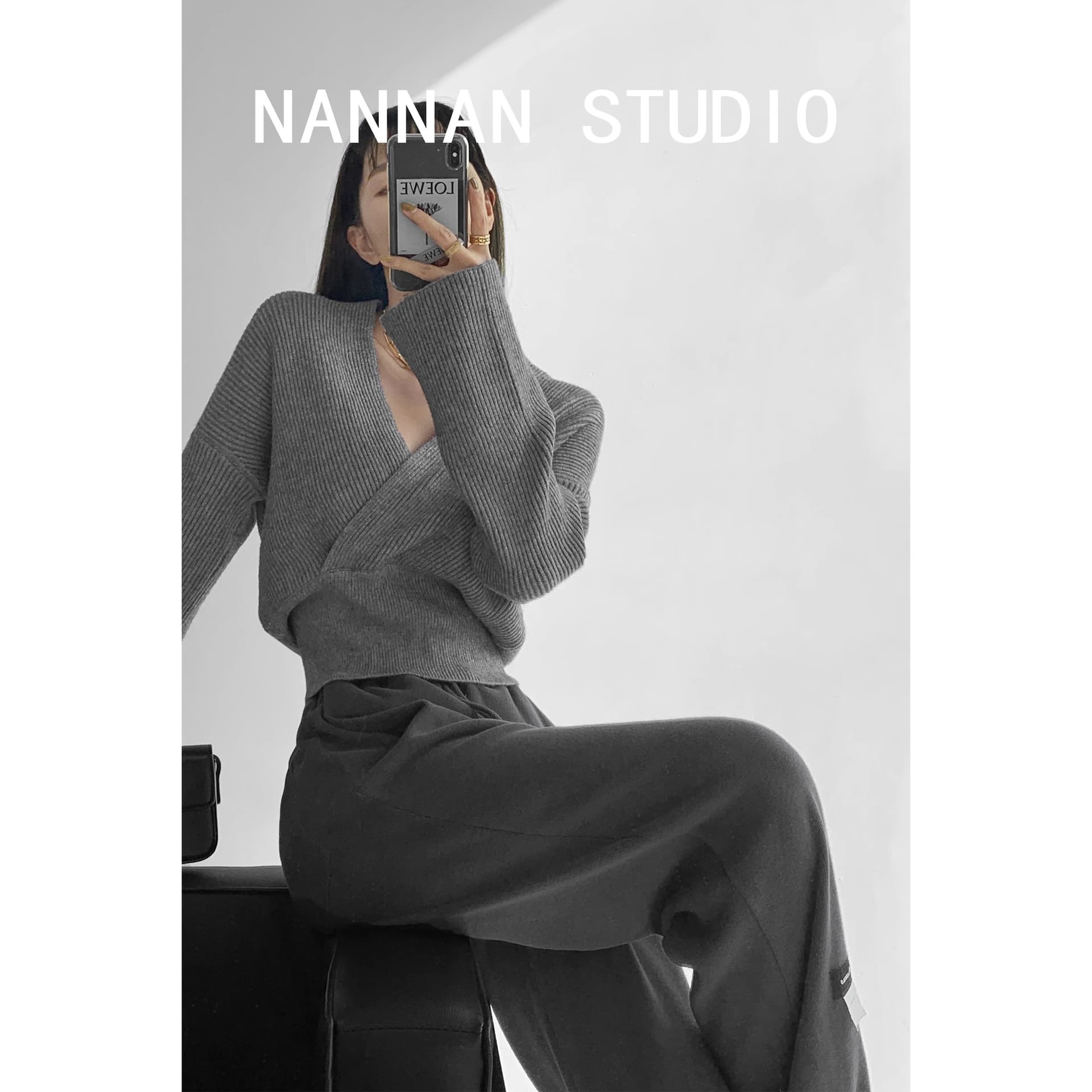 장 작은 나이 nannan 프랑스식 레트로 십자가 V넥 포장 스타일 스웨터 원 웨이 품격 허리 수축 슬림해 보이는 니트 스웨터 이미지 3