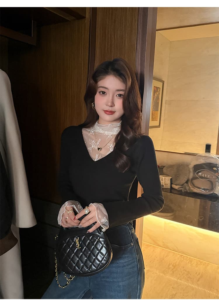 V넥 페이크 레이어드 레이스 기본 셔츠 여성 인사이드 가져 가라. 2026 가을 새로운 디자인 센스 스웨터 니트 맨위 상세 이미지 8