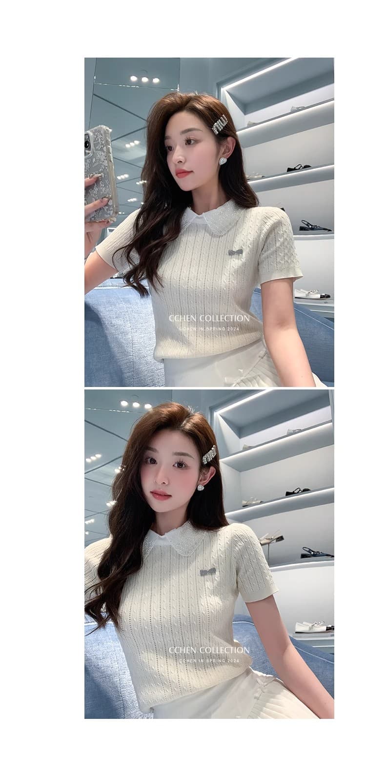 여름 한국 스타일 패치워크 디자인 새로운 회색 폴로 칼라 반팔 니트 스웨터 여성 몸매 가꾸기 슬림해 보이는 다용도 풀오버 맨위 상세 이미지 8