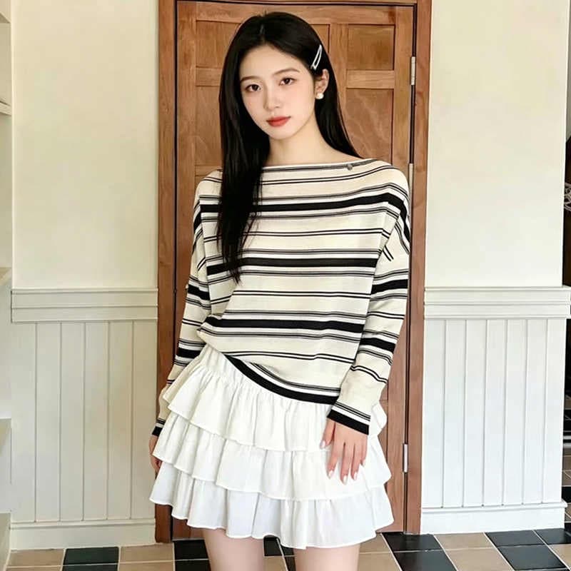 느슨함 센스 작은 표준 패션 오프숄더 스트라이프 배색 니트 스웨터 여성 긴 소매 루즈핏 다용도 슬림해 보이는 맨위 봄 이미지 3