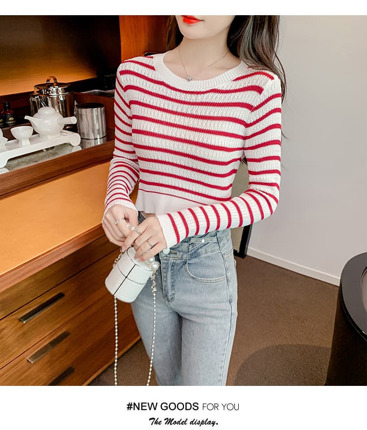 가을 의상 새로운 스트라이프 니트 스웨터 여성 몸매 가꾸기 인사이드 가져 가라. 기본 셔츠 쇼트 스타일 하이웨이스트 맨위 상세 이미지 8