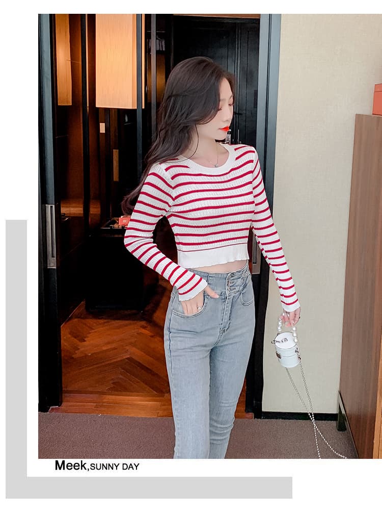 가을 의상 새로운 스트라이프 니트 스웨터 여성 몸매 가꾸기 인사이드 가져 가라. 기본 셔츠 쇼트 스타일 하이웨이스트 맨위 상세 이미지 9