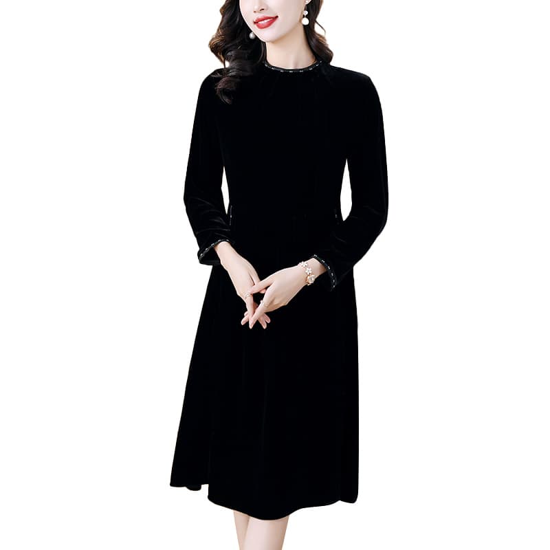 빛 럭셔리 실크 벨벳 여성 드레스 품격 연령 감소 유럽 오간자 자수 스탠드 칼라 엄마 몸매 가꾸기 슬림해 보이는 중간 길이 스커트 이미지 6