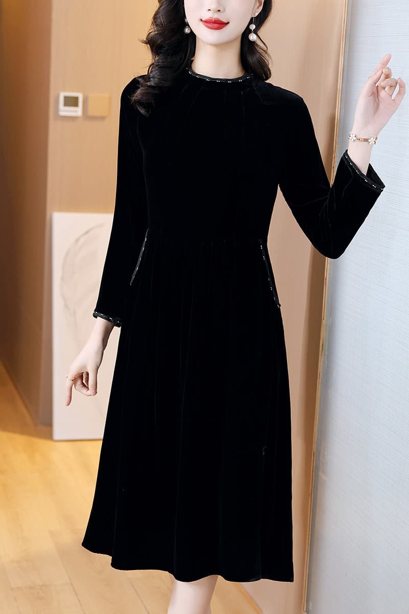 빛 럭셔리 실크 벨벳 여성 드레스 품격 연령 감소 유럽 오간자 자수 스탠드 칼라 엄마 몸매 가꾸기 슬림해 보이는 중간 길이 스커트 이미지 7