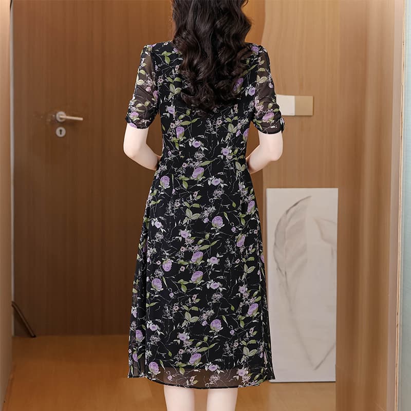 여름 새로운 중간 길이 프랑스식 V넥 쉬폰 프린트 여성 드레스 이미지 2