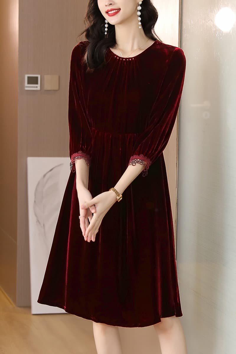 2026 새로운 빨간색 금사 벨벳 실크 드레스 여성 의류 뽕나무 누에 실크 봄 가을 긴팔 치마 품격 고급 이미지 6