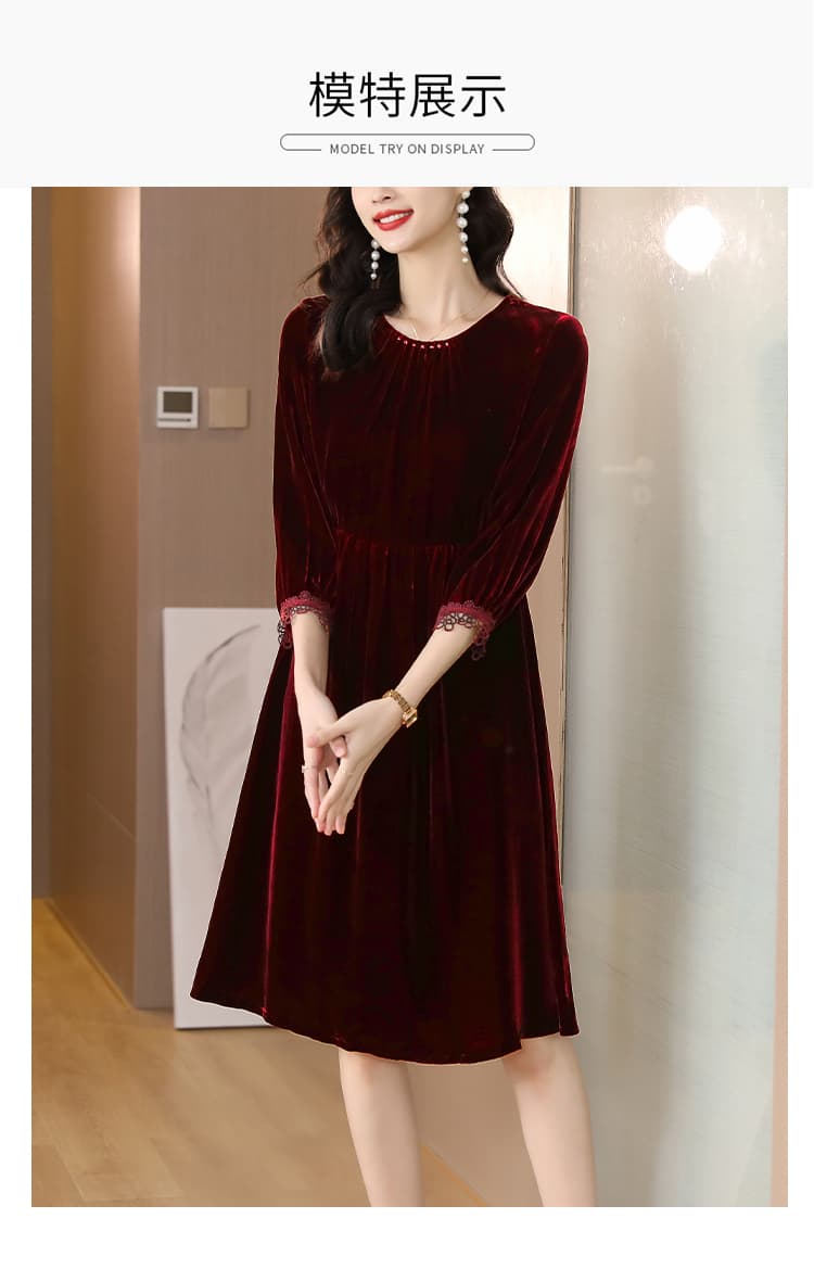 2026 새로운 빨간색 금사 벨벳 실크 드레스 여성 의류 뽕나무 누에 실크 봄 가을 긴팔 치마 품격 고급 상세 이미지 11