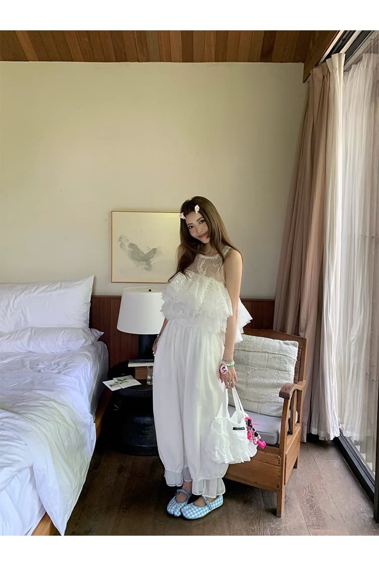 설탕 쓴맛 아님 맞춤 무거운 작업 도트 무늬 레이스 망사 민소매 조끼 맨위 달콤함 귀여운 연령 감소 소녀 퍼프 상세 이미지 12
